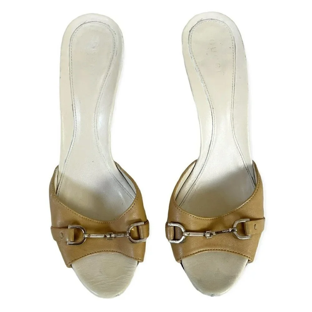 Gucci Women's Tan Leather Open Toe High Heel Slide Horsebit Sandals Sz 39 US 8.5 - Picture 2 of 11